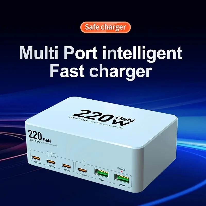 Multi Port Fast Charger, USB Hub, Charge 6 Device at Same Time Show, Voltage Current, 220W