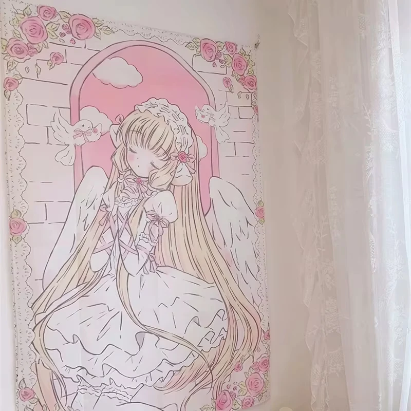 VIKAMA Angel Girl Tapestry Pink And Gold Lace Dove Arch Anime Style Bedroom Decoration Ins Style Tapestry Home Decoration
