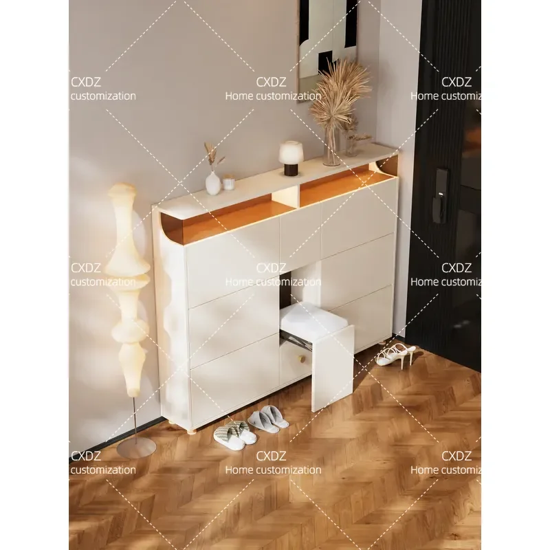 French cream style solid wood household door ultra-thin tipping bucket shoe cabinet against the wall