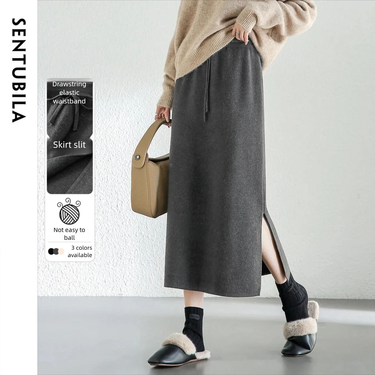 

SENUBILA Drawstring Straight Skirt Women 2025 Autumn New Casual Midi Skirts Commute Solid Side Slit Knitted Skirts W44Q56671