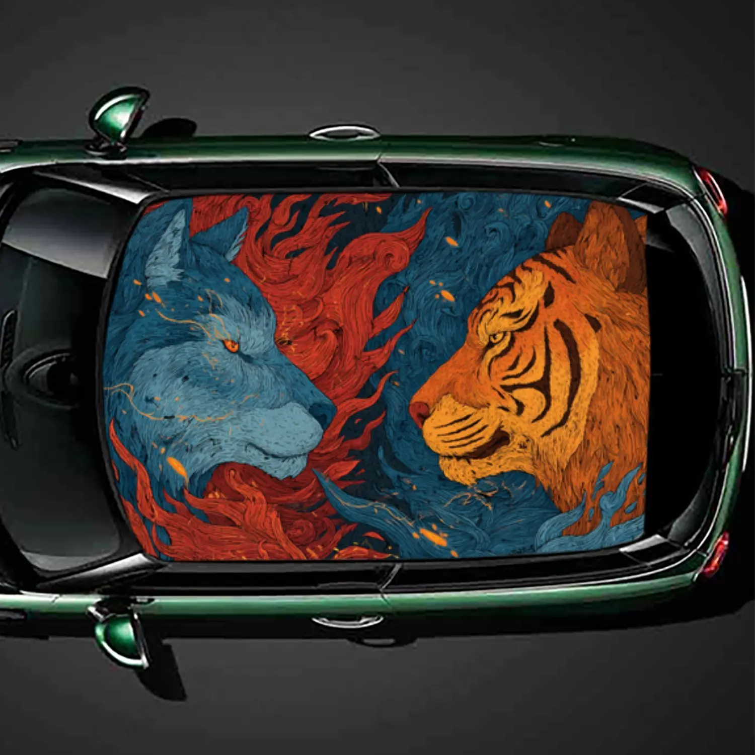 

Lion and Tiger - Flame Design Car Roof Vinyl Wraps Sticker, Auto Decal, Artistic Vehicle Decoration, Self-adhesive Waterproof Ca