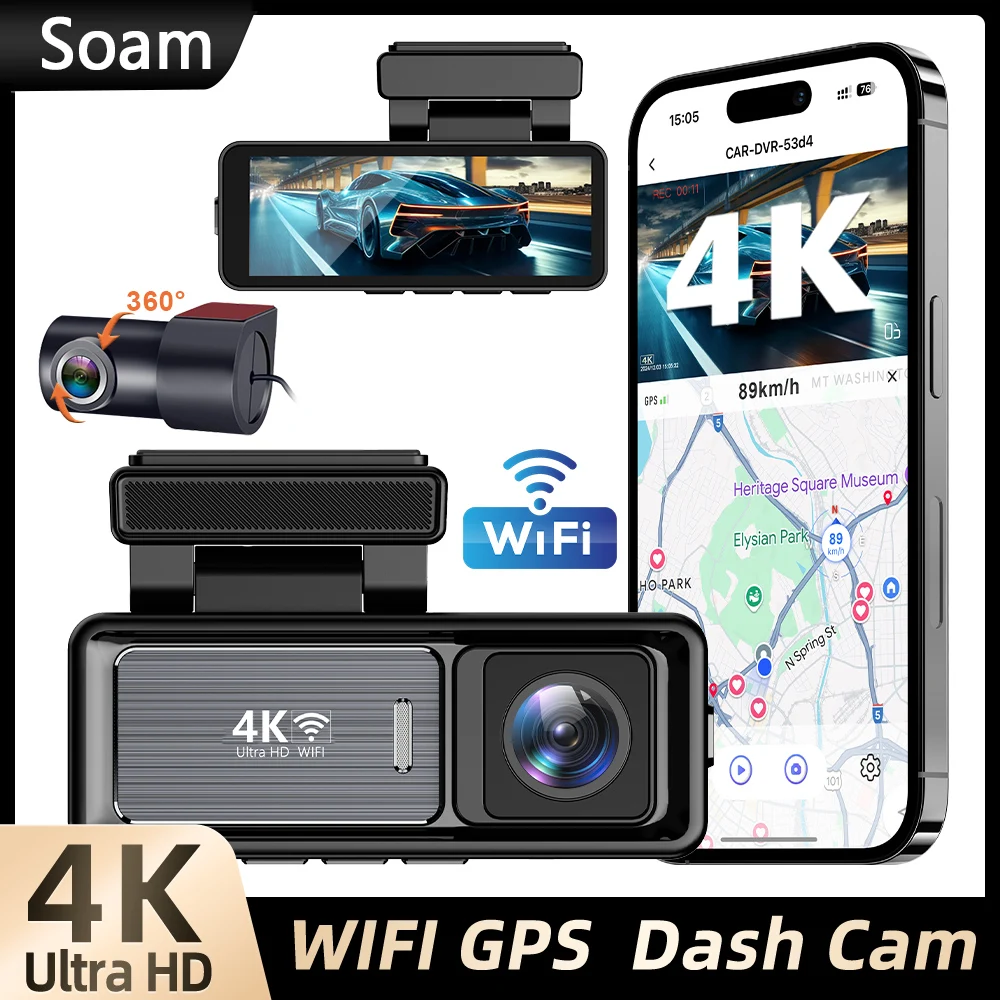 Soam Wi-Fi Dash Cam Front Rear 4K/1080P Full HD Dash Camera, GPS, WDR, Night Vision,170°Wide Angle, 24H Parking Mode