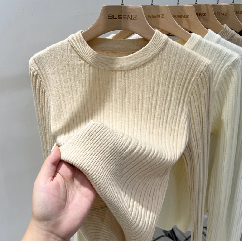 เสื้อสเวตเตอร์ไหมพรมสไตล์วินเทจเกาหลีลำลองสำหรับผู้หญิง แขนยาว คอทรงกลม สีพื้น ทรงเข้ารูป ใส่ได้หลายโอกาส สำหรับฤดูใบไม้ร่วงและฤดูหนาว