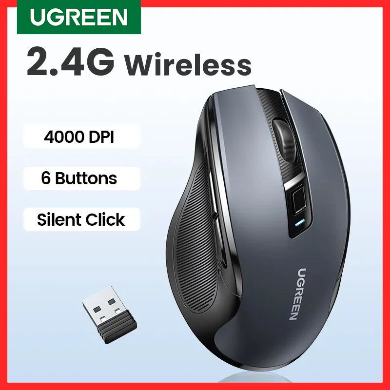 UGREEN mysz bezprzewodowa ergonomiczna mysz 2.4GHz 4000 DPI cicha 6 przycisków do macbooka Tablet Laptop wyciszanie myszy cicha mysz 2.4G