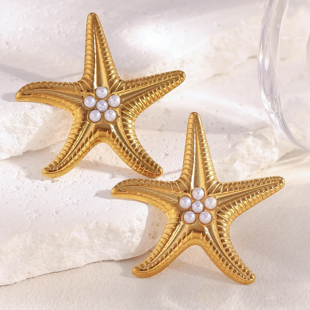 

Ailodo Exaggerated Stainless Steel Big Starfish Stud Earrings For Women Summer Beach Imitation Pearl Earrings Fashion Jewelry