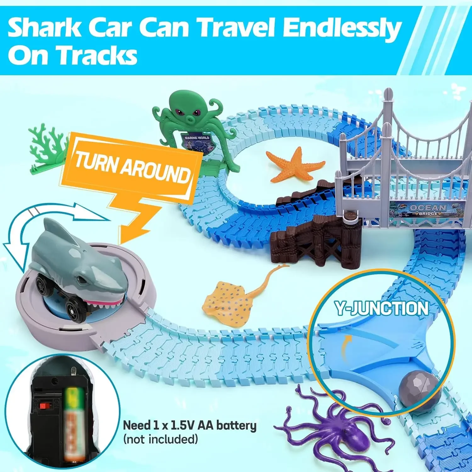 Ocean Shark Track Playset 183PCS Kids DIY Assembly Racing Toy Marine Animal Themed Interactive Toy for Children
