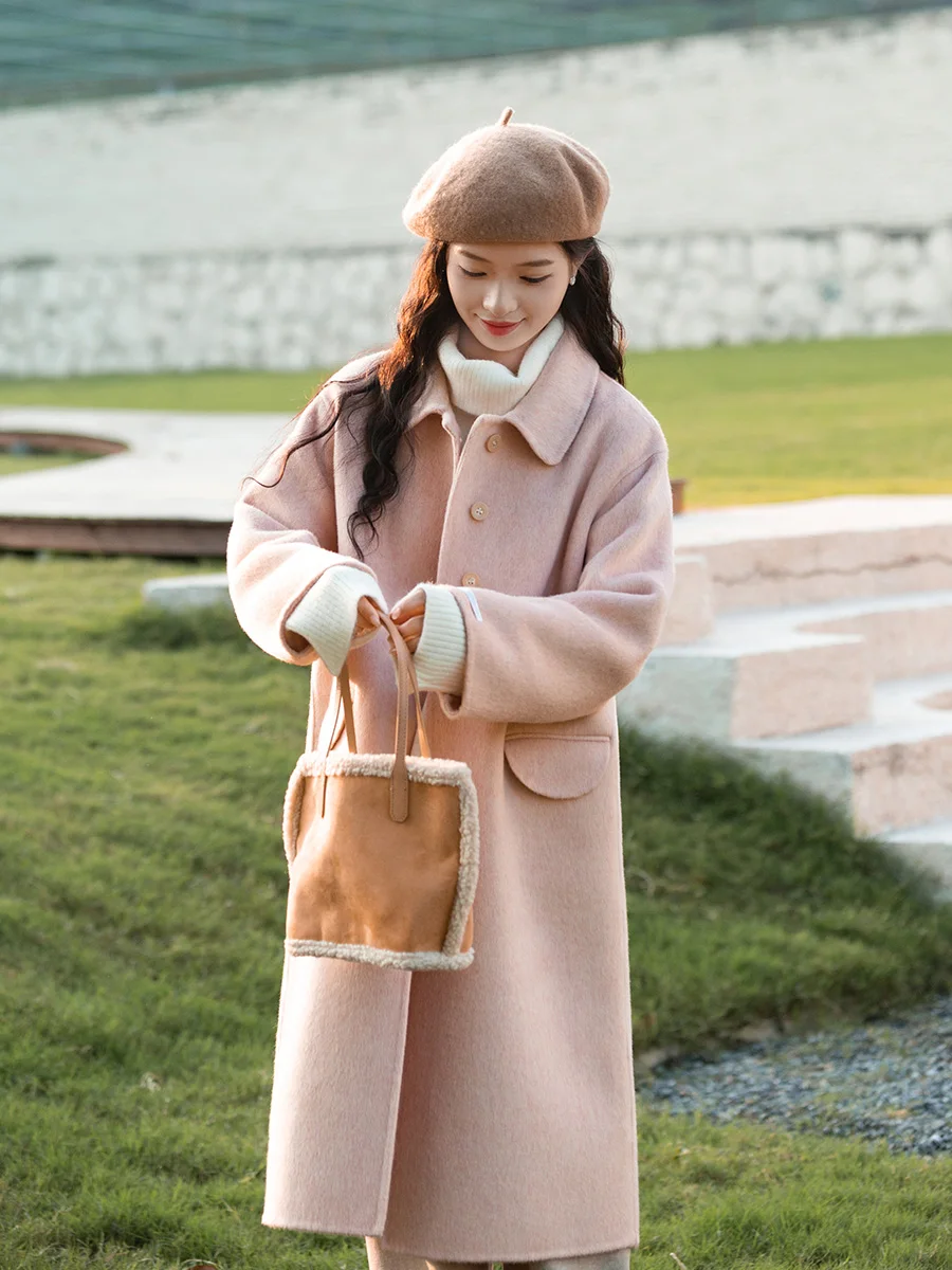 

Розовое шерстяное пальто женское средней длины в Корейском стиле, твидовая верхняя одежда небольшого размера, Новое зимнее поступление, простой цвет, левая банка, сладкий