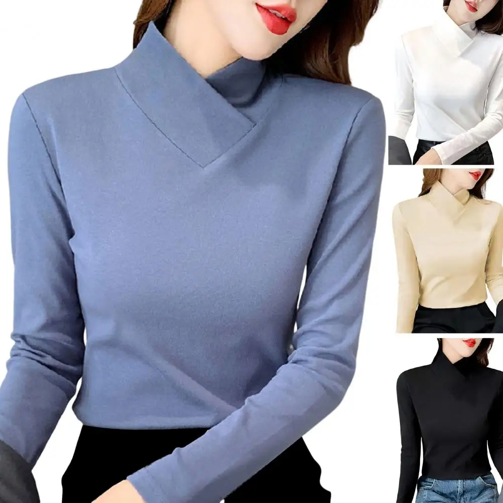 

Cross V Neck Stand Collar Winter Undershirt Long Sleeves Slim Fit Bottoming Blouse Autumn Winter Double Sided Fleece Thermal Top