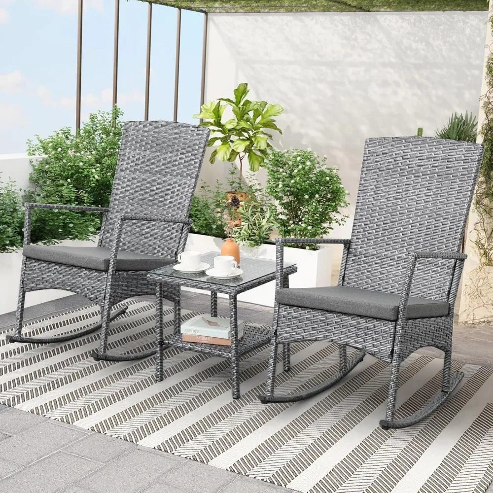Outdoor Rocking Chair 3 Pieces High-Backed Rocking Chair Patio Rocking Chairs Outdoor Table and Chairs Anti-Slip Cushions Dark G