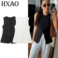 HXAO-Chaleco de mujer, ropa de abrigo, chalecos largos sin mangas para mujer, traje informal de oficina para mujer, chaleco con botones de otoño, chaleco blanco y negro