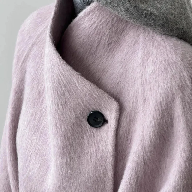 معطف صوفي نسائي عصري فضفاض مناسب برقبة دائرية متعدد الألوان للخريف/الشتاء صوف على الوجهين