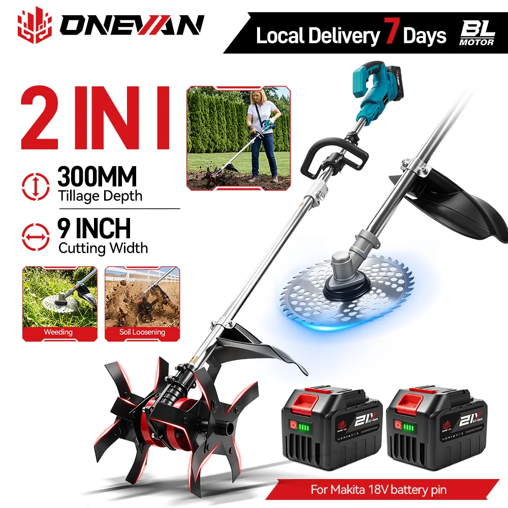 ONEVAN 2-in-1 Bürstenloser Elektro-Gartenfräser 1800W Tragbarer Kabelloser Rasenmäher Rasentrimmer Bodenwender Elektrowerkzeug für Makita 18V Akku