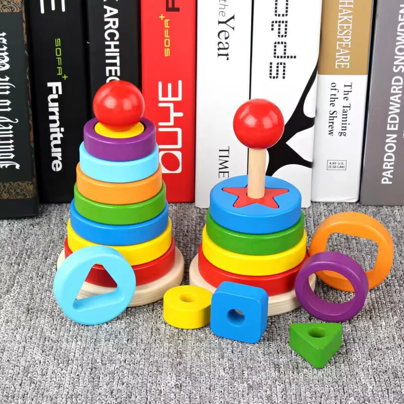 Montessori Toys Wooden Puzzle for Babies Kids 2 Years Rainbow Tower Game Activity Building Block Educational Geometric Cognitive