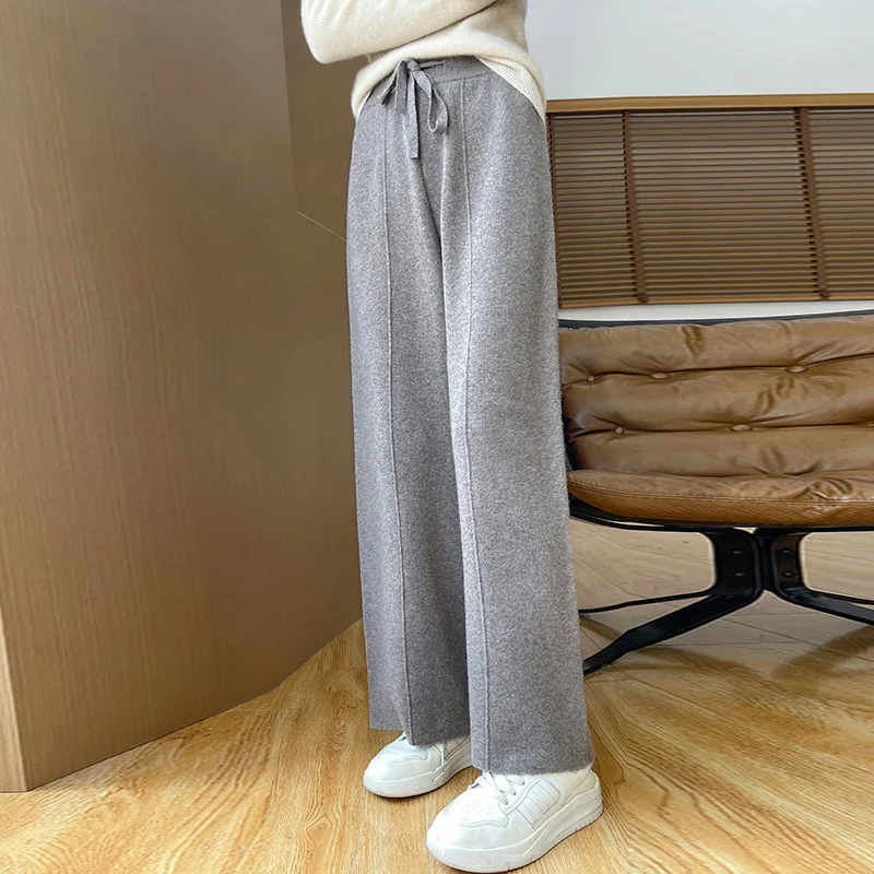 Pantaloni in misto lana a gamba larga lavorati a maglia autunno e inverno nuovi pantaloni Casual addensati a vita alta Casual da donna