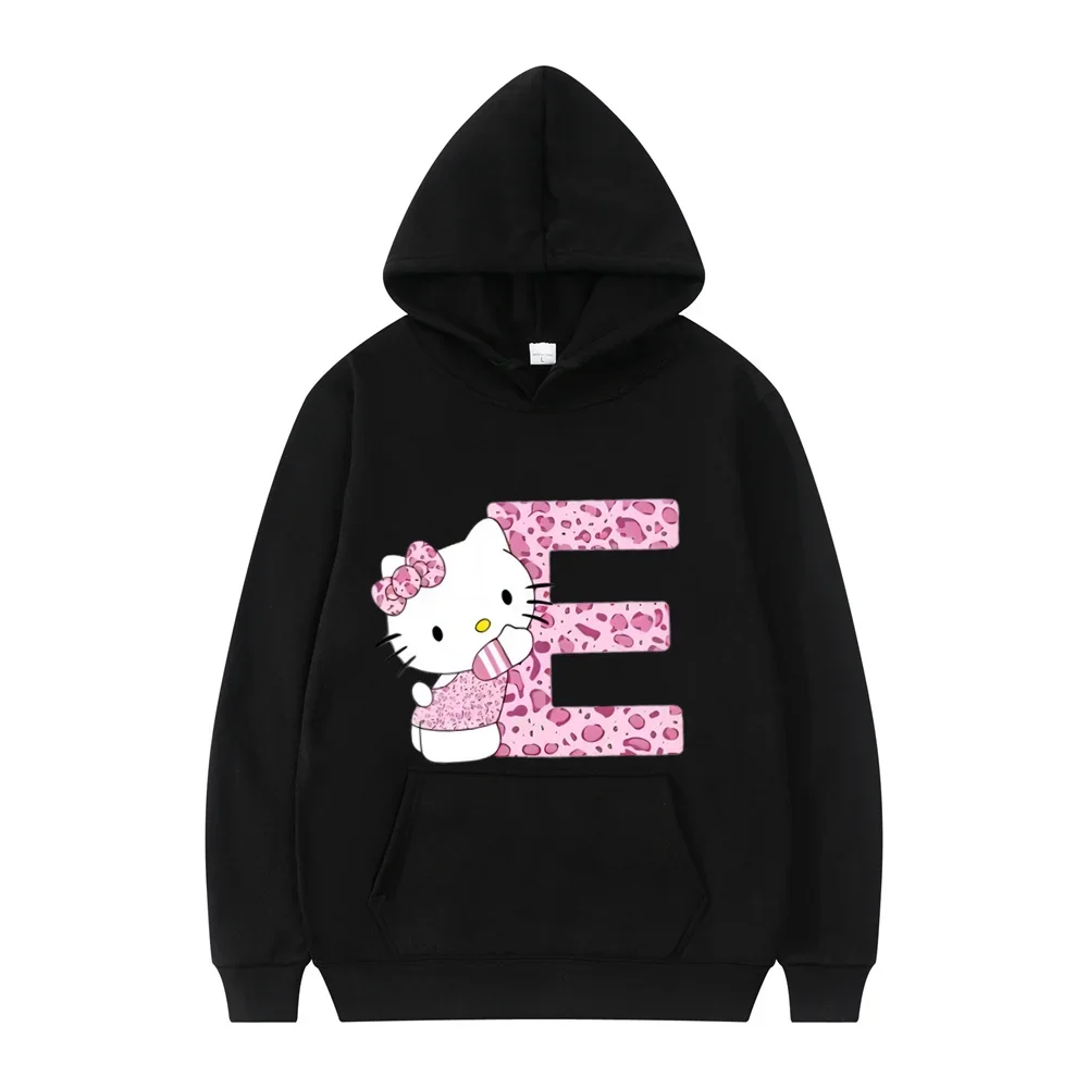 2024 Black Hello Kitty Letter A-Z Woman and Men Long-sleeved Hoodies Sanrio Hoodies Clothes Cartoon Clothes Kawaii Birthday Gift