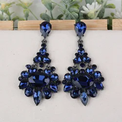 Prom Bridal Jewelry Accessories Wholesale Long Dark Blue Gray Champagne Crystal Rhinestone Drop Statement Earrings for Women