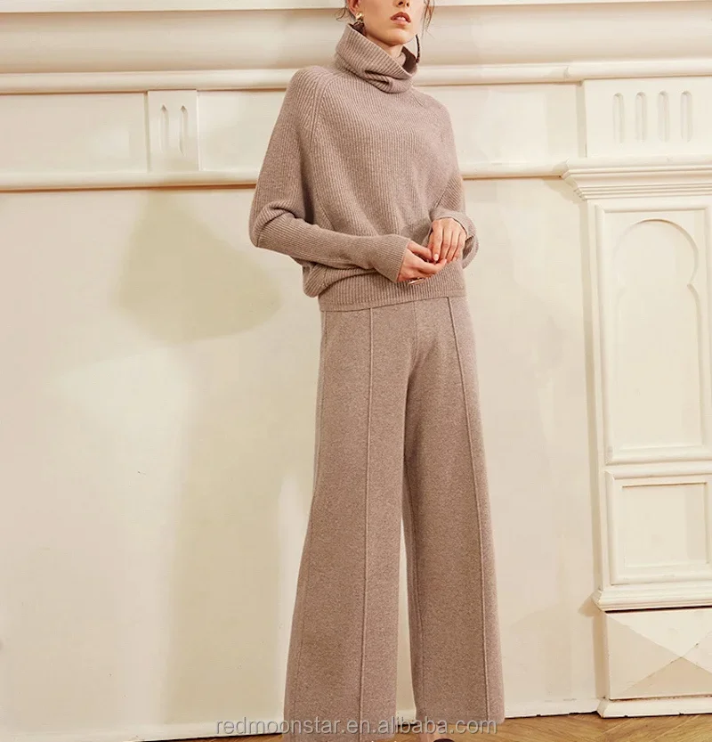 Women's Cashmere Suit Clothes Knitted Turtleneck Female Wool Cashmere Sweater Pant 2 Pieces Set Women Sweater Knit Two Piece Set