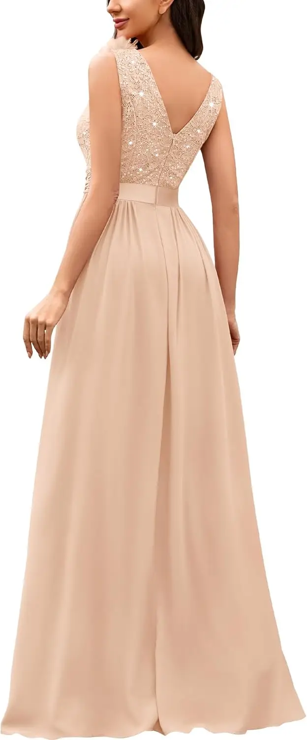 Damen-Abendkleid im Vintage-Stil, V-Ausschnitt, ärmellos, mit Pailletten, geteilt, elegant, formelle Partykleidung