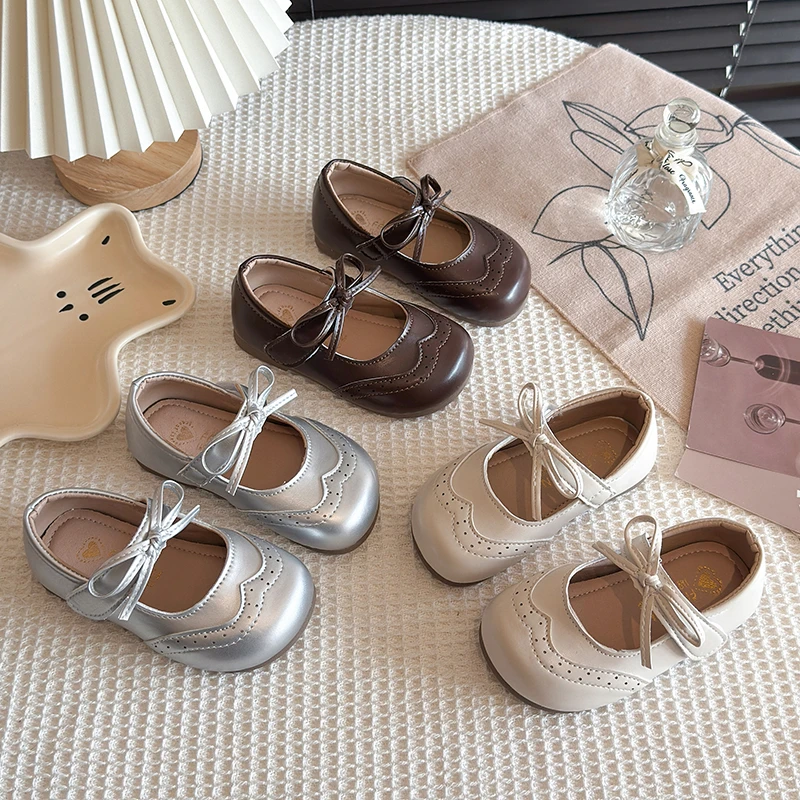 

Girls Flats Mary Jane Shoes with Bow Tie Children Princess Leather Shoes for Party Wedding Non-Slip Kids School Party Shoes