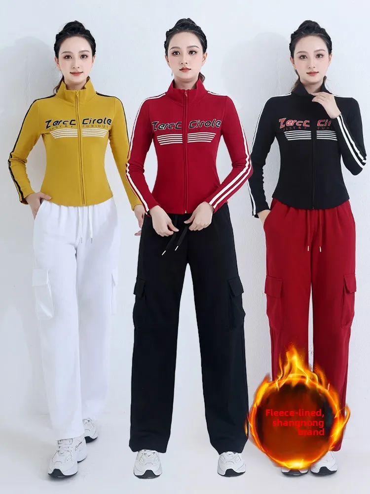 

Женский спортивный комплект для фитнеса и аэробики: лонгслив на флисовой подкладке и длинные брюки на молнии, из смеси полиэстера и спандекса