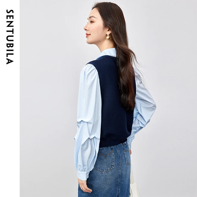 SENTUBILA Patchwork 2 in 1 Women Blouse 2025 Spring Fashion Spliced Striped Folds Drop Sleeve Chic Shirts & Blouses W51C58818