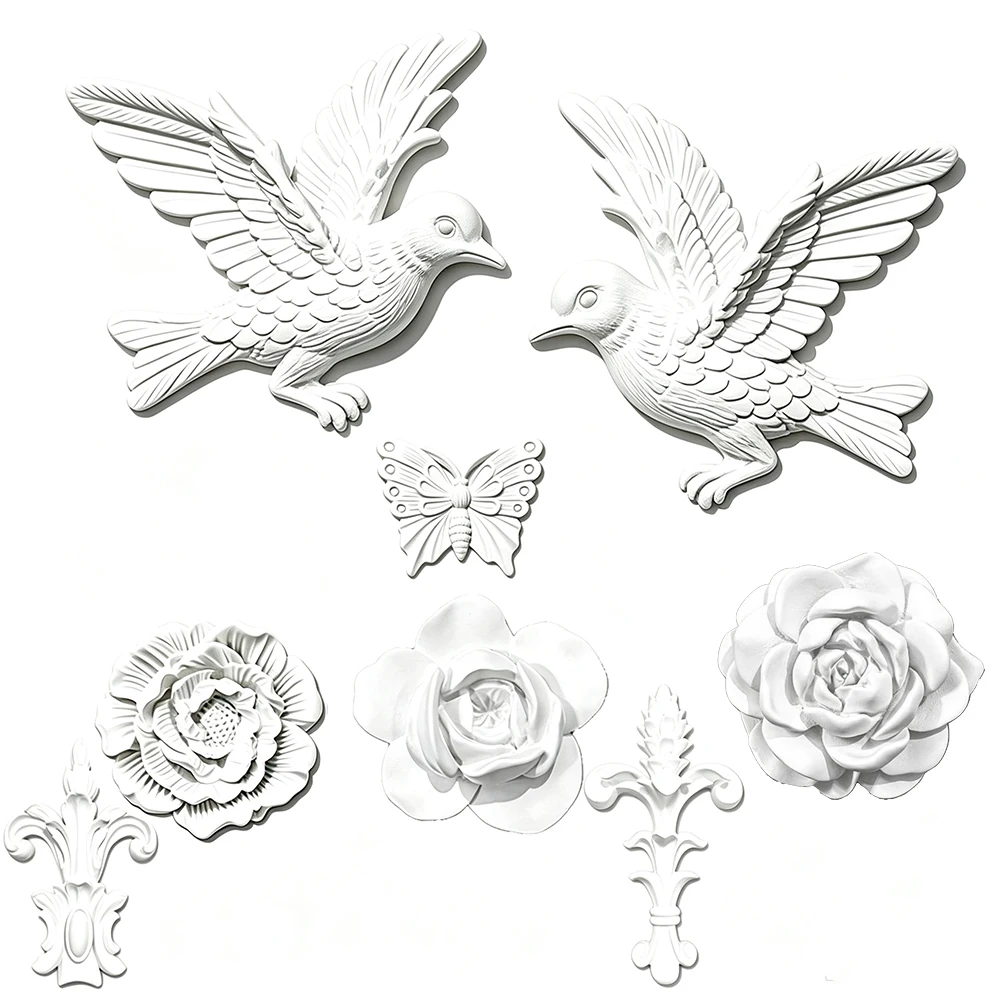 PU Wall Onlays Decor Birds Rose Floral Carving Mouldings Ornament Lightweight Relief Appliques for Wall Ceiling Furniture DIY ﻿