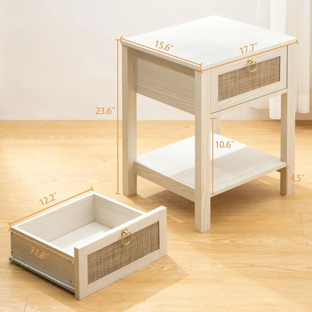 White Nightstand Set of 2,Rattan Decor Drawer with Brass Knobs Night Stand Wood Bedside Table Boho End Tables Side Tables with