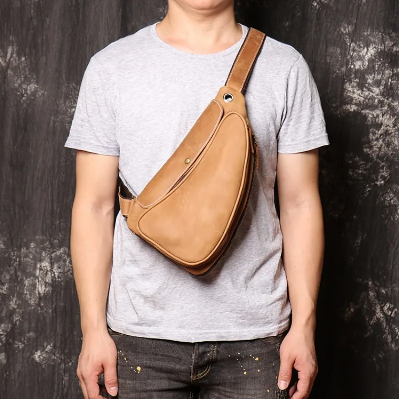 Men's Fitted Chest Bag Fashion Sports Crazy Horse Skin Small Shoulder Bag Women's Genuine Leather Diagonal Straddle Bag