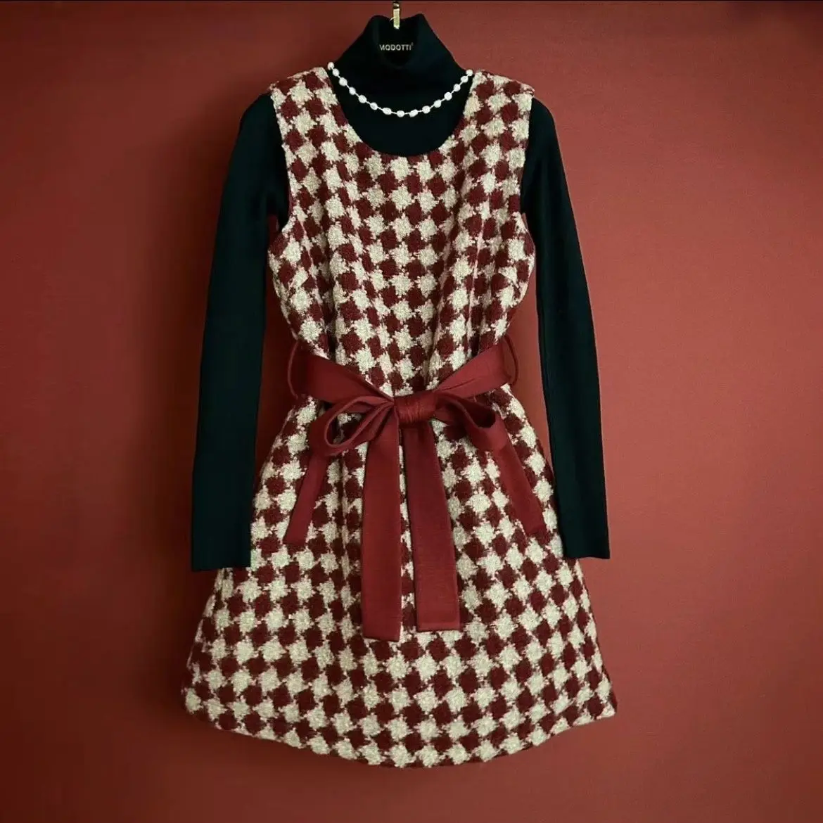 Women Christmas Plaid Wool Suit Jacke Coat Top And Sleeveless Dress Two Piece Set Mtching Outfit Winter Elegant Party Clothing