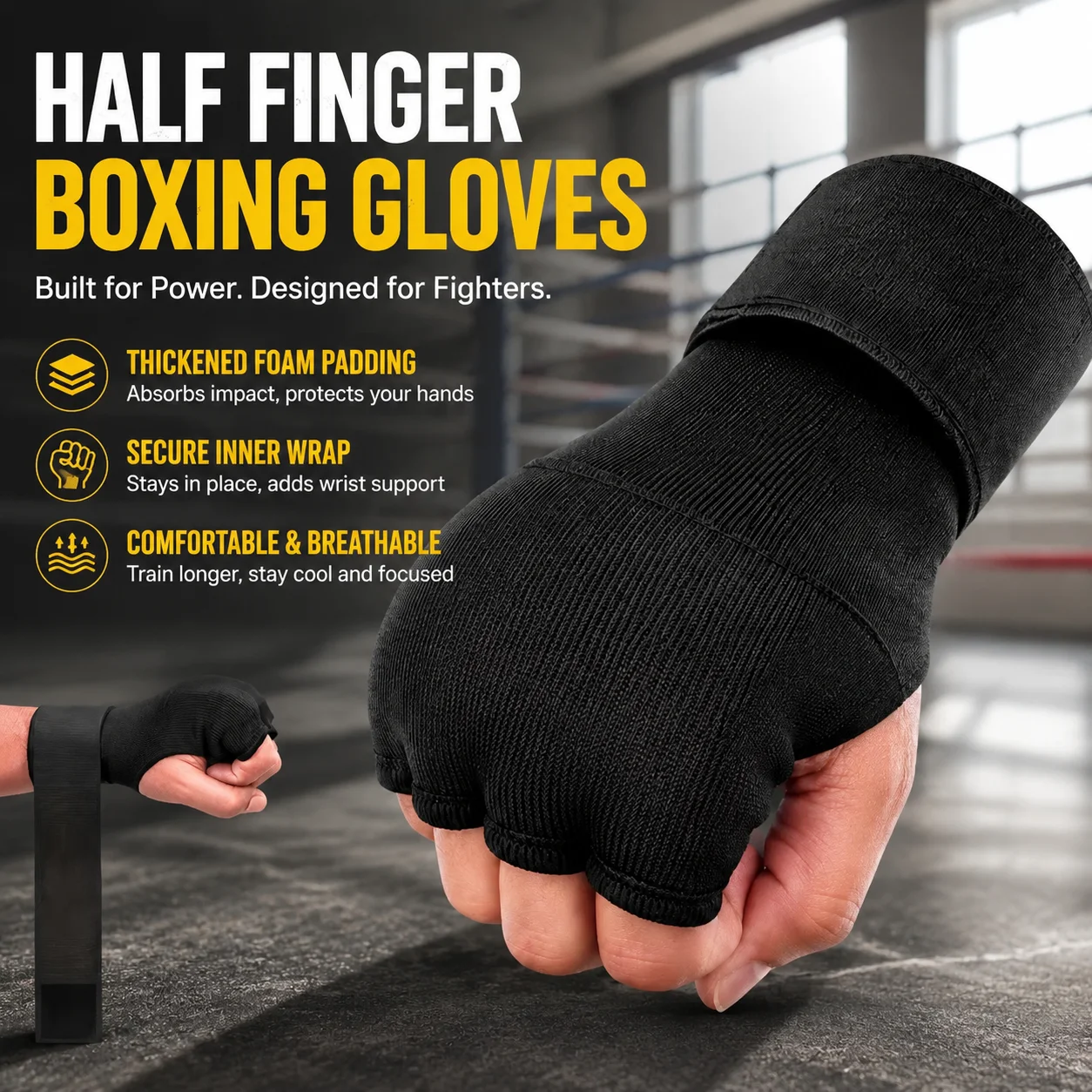 Half Finger Boxing Gloves with Thickened Foam Padding for MMA Muay Thai Training Gym Sanda Fighting Inner Hand Wraps