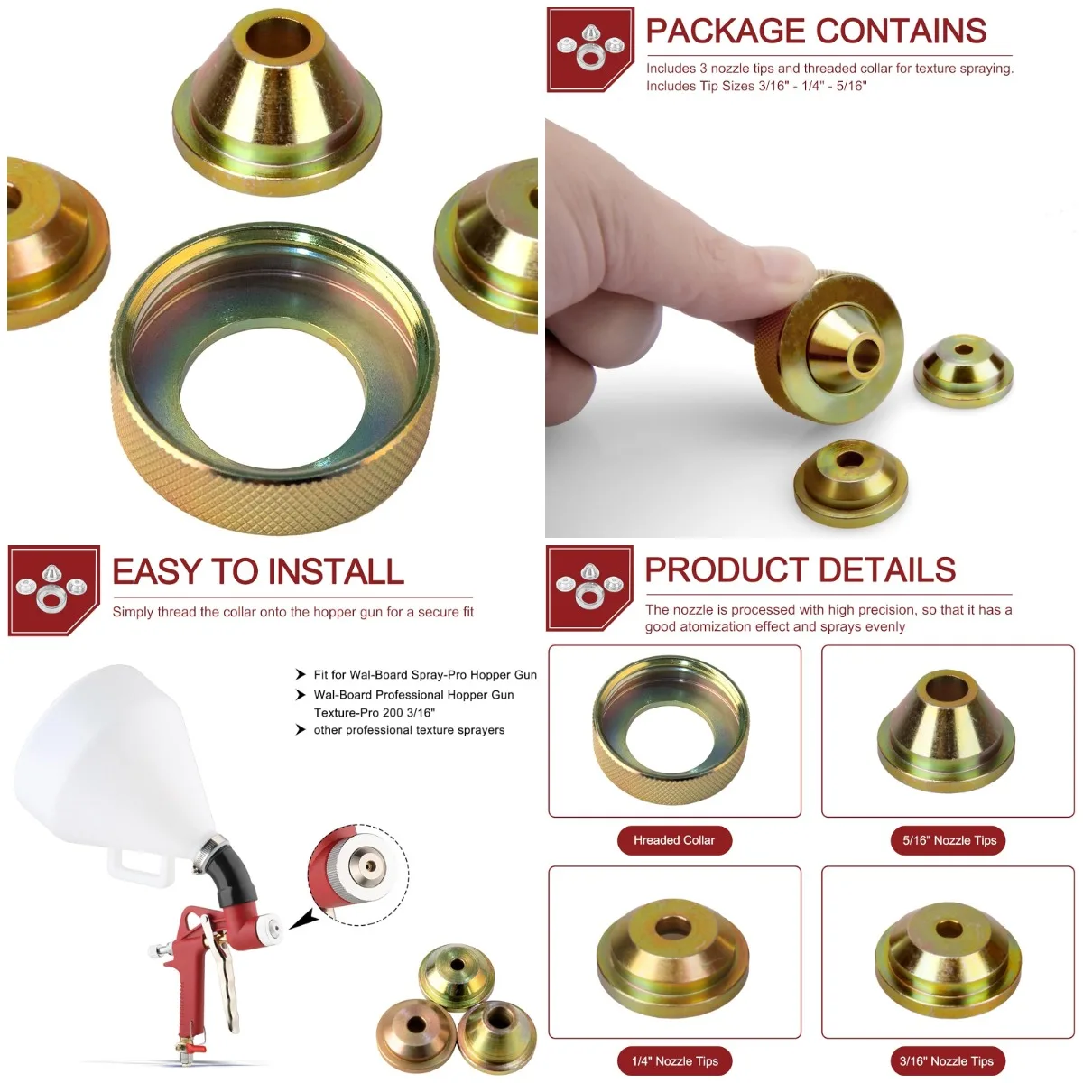 

Solid Brass Sprayer Orifice Tip Set for Wal-Board Texture Gun, 3 Nozzles + Collar