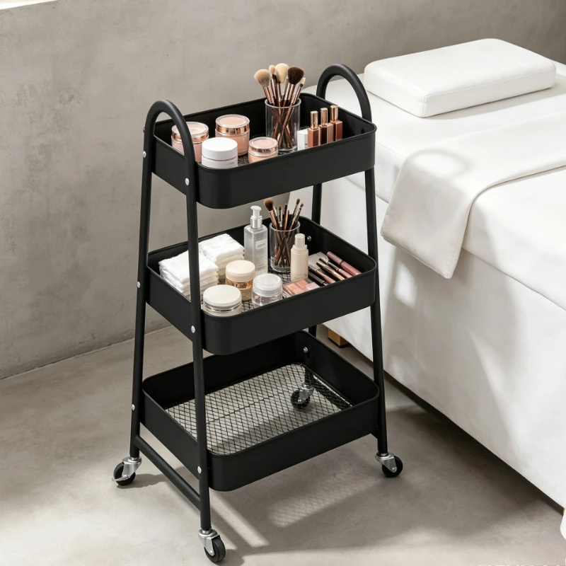 Chariot de service à 3 niveaux en noir, dimensions 42x41,5x77 cm, structure en acier robuste. Chariot à roulettes avec poignée coulissante et roulettes à roulement léger, système de rangement de taille moyenne pour cuisine, salle de bain, bureau et espace domestique, montage facile avec accessoires fournis