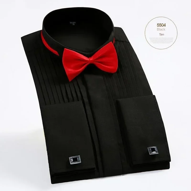 Men's Wing Tip French Cufflink Tuxedo Shirt Bow-tie Long Sleeve White Black Wedding Party Evening Dress Shirt