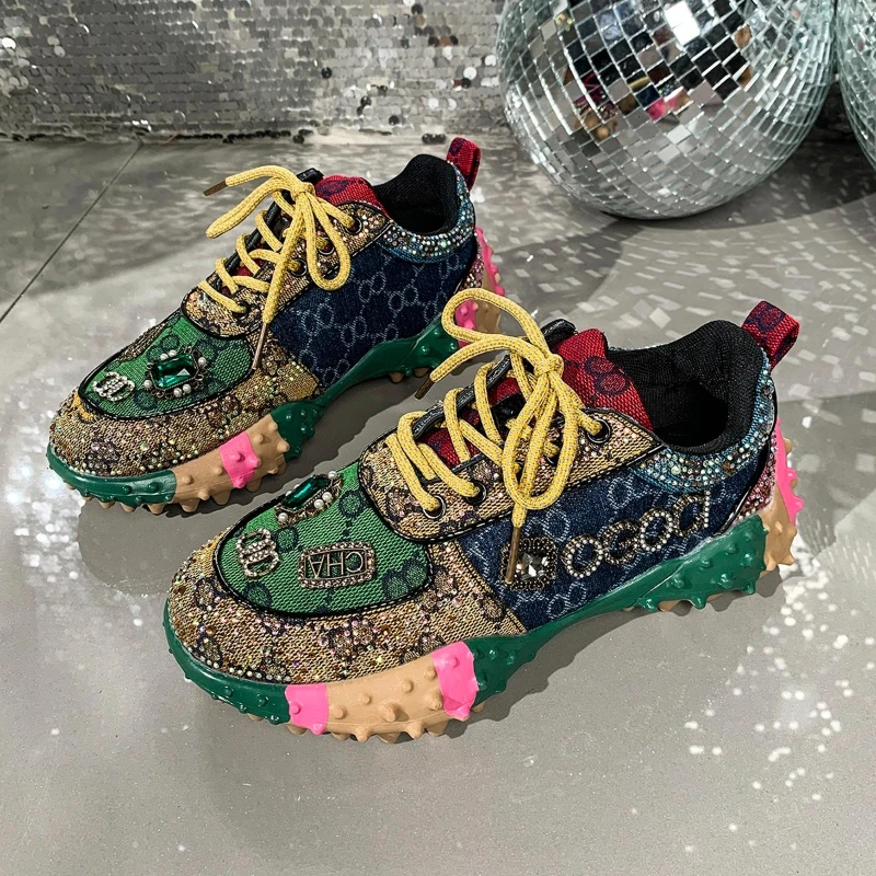 High-appearation-level Thick-soled Laced Rhinestone Comfortable, Anti-slip, Breathable Sporty and Casual Women's Single Shoes