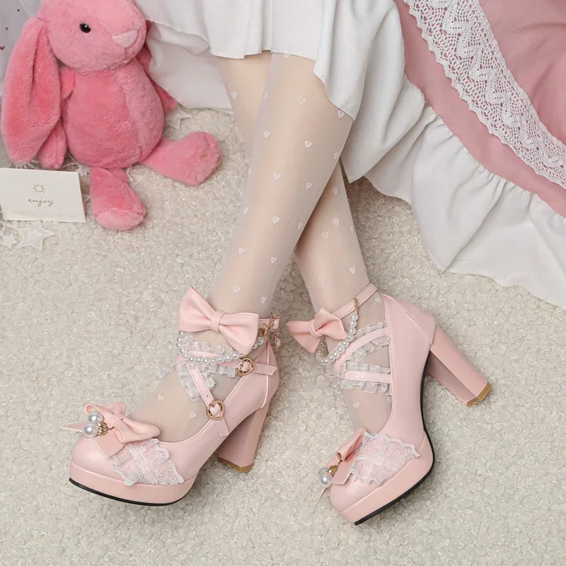 Cross Strap Women High Heels Mary Jane Pumps Party Wedding Cosplay White Pink Black Strawberry Bow Princess Cosplay Lolita Shoes