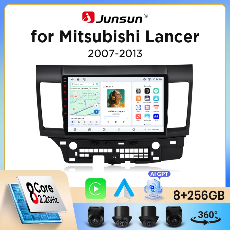 Image of Junsun Wireless CarPlay Android Auto Autoradio für Mitsubishi Lancer (CY/CZ) 2007-2017 mit integriertem Lüfter, Android GPS-Navigation, Multimedia-Player, WiFi, DSP, RDS, BT, SWC, IPS-Touchscreen,