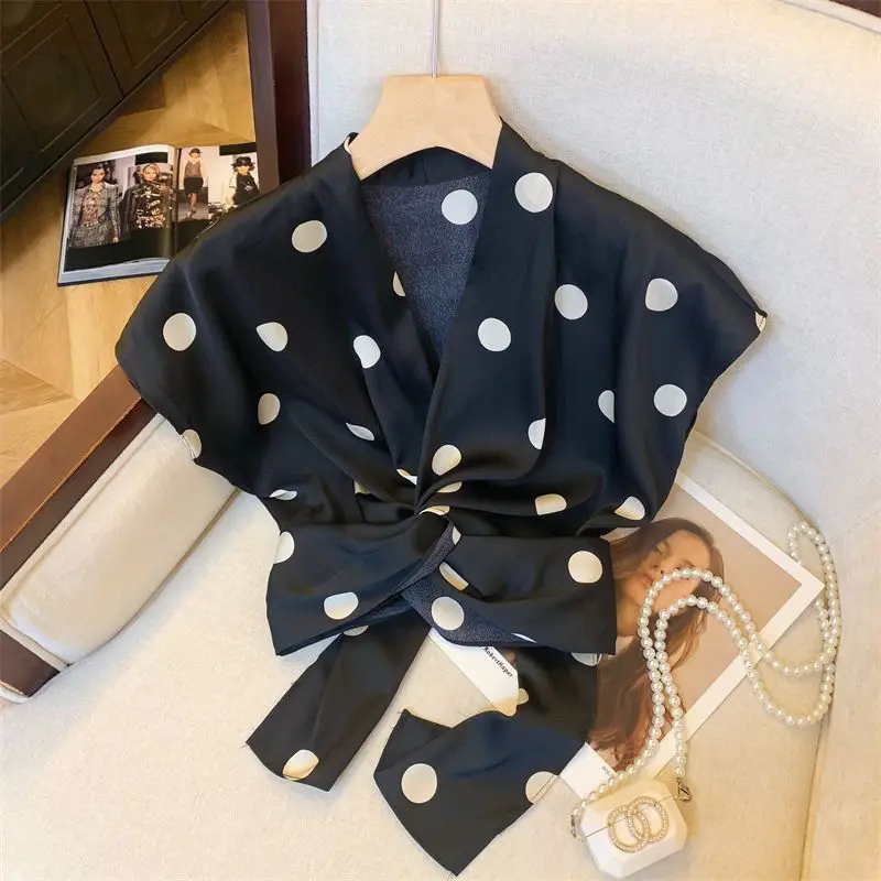 

Vintage Polka Dot Blouse Women 2025 V Neck Tie Waist Cropped Shirt Sleeve Elegant Retro Y2K Office Casual Summer Top