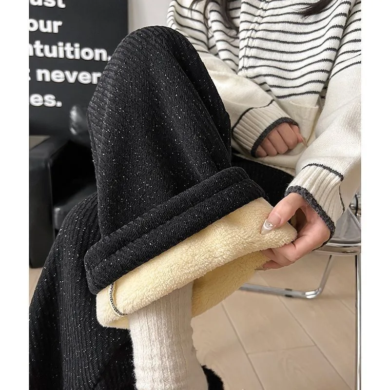 Women Corduroy Wide Leg Pants Autumn Winter Super Thick Lamb Fleece Lined Warm Trousers For Cold Weather