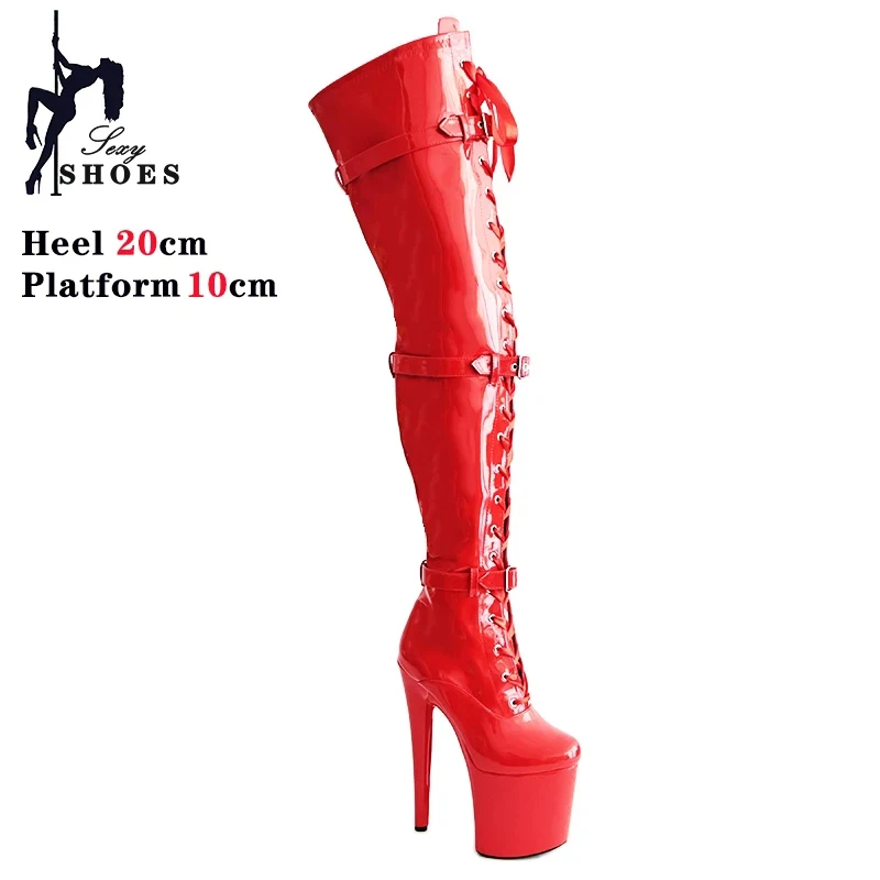 

20CM Black Matte PU Over-the-Knee Boots British Style Moden Platform High Heels Pole Dance Shoes Three Buckles bota feminina