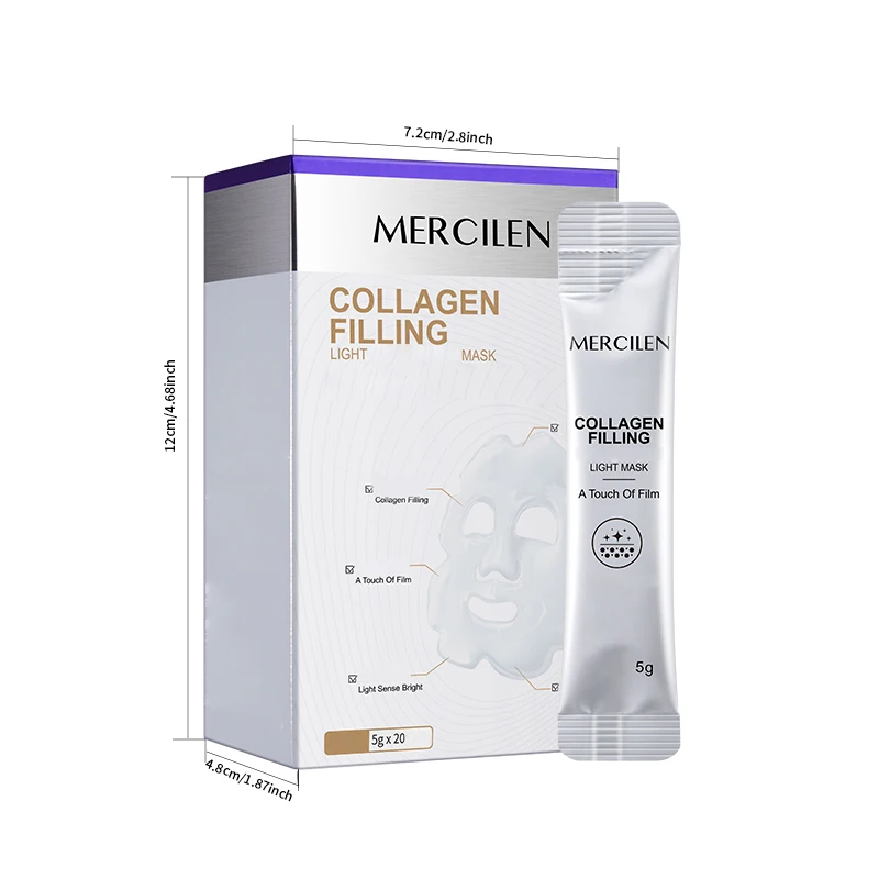 Mercilen Collagen Filler Glow Mask 5g x 20 pieces, rich in collagen and hyaluronic acid, moisturizes, nourishes, and tightens the skin, deeply cleanses and evens out skin tone, replenishes skin moisture, portable packaging, essential for travel, suitable for both men and women