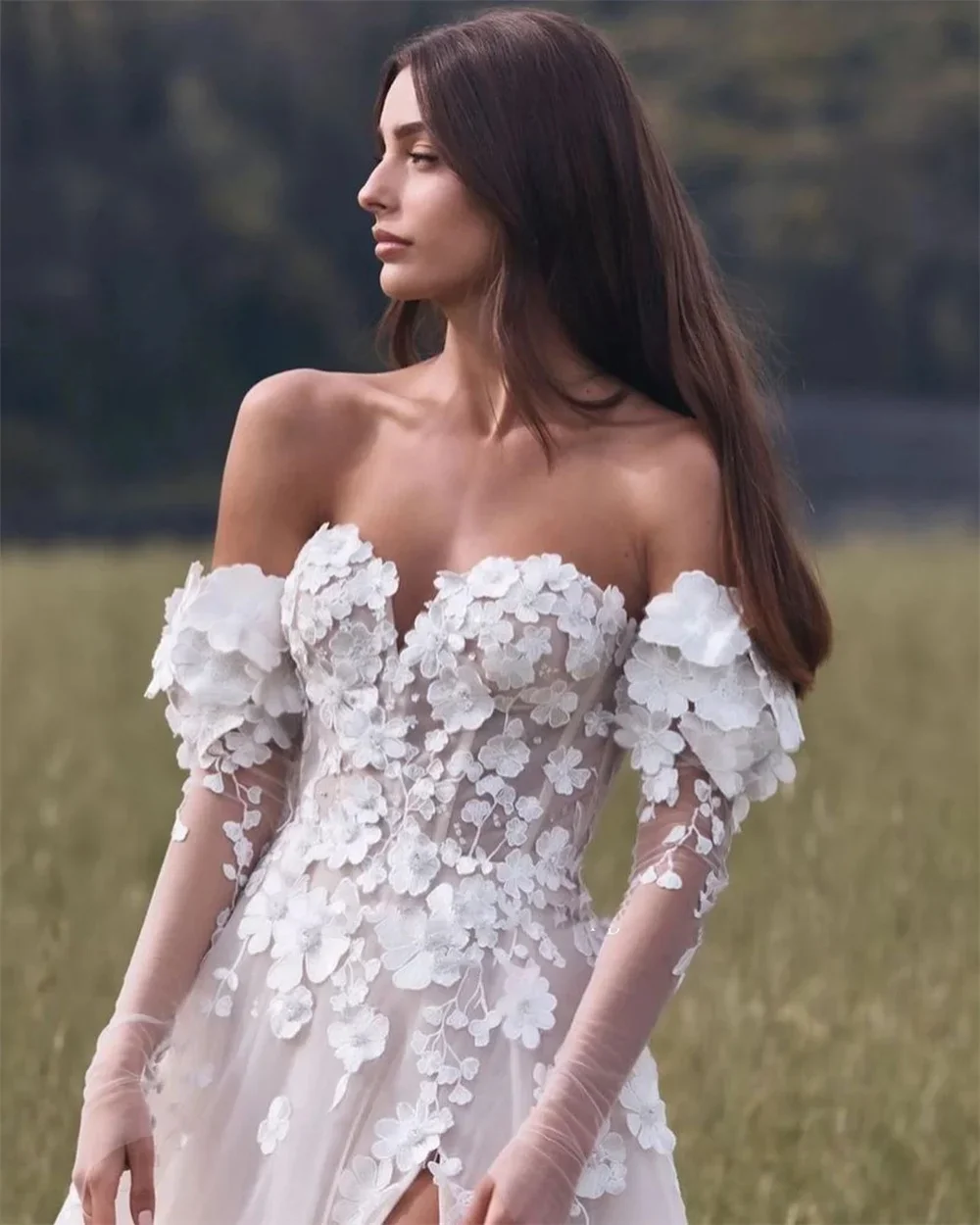 فساتين زفاف مثيرة على شكل قلب بأكمام قابلة للانفصال مزينة بالدانتيل على شكل حرف a فساتين زفاف طويلة مع شق فيستدوس دي نوفيا #2