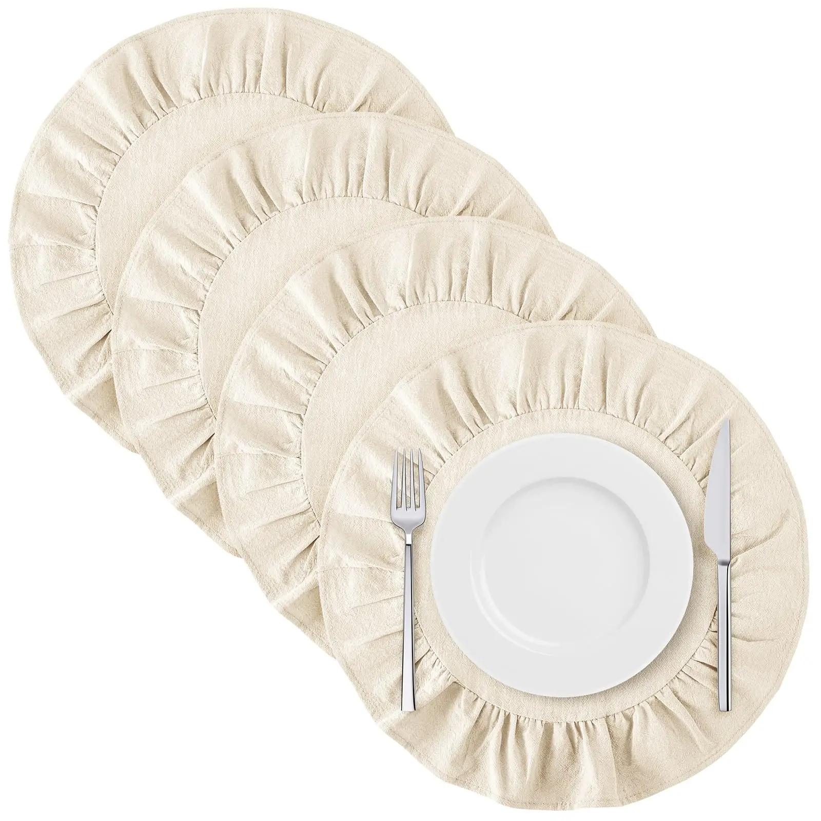 

15 Inch 100% Cotton Scalloped Round Placemats, Thin Place Mats with Ruffle, Washable Placemats Table Mats for Kitchen Dining Dec