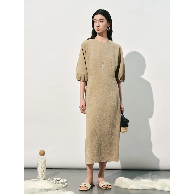 

Japanese-Style Minimalist Round-Neck Dress With Sleeves And A Waist-Cinching Mid-Length DesignAElegant Slim-Fit Dress