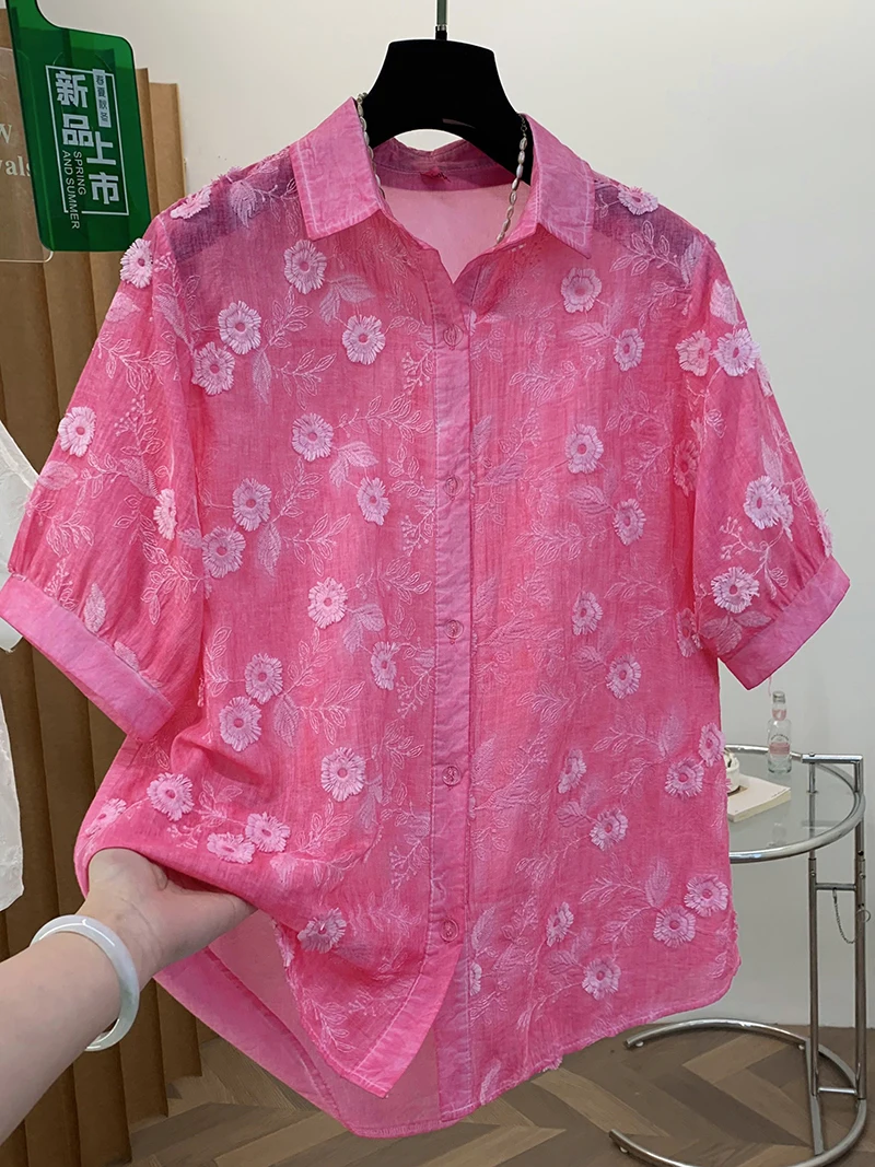 

Новая летняя модная женская рубашка с цветочной вышивкой, с воротником-поло, на одной пуговице, с коротким рукавом, свободный кардиган, повседневный офисный топ для женщин