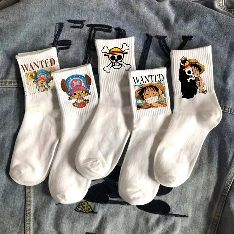 Nuevos 5 Pares de Calcetines de Dibujos Animados de One Piece para Adultos, Calcetines de Algodón Blancos Largos y Cortos con Estampado de Anime Luffy Chopper para Estudiantes, Calcetines de Punto