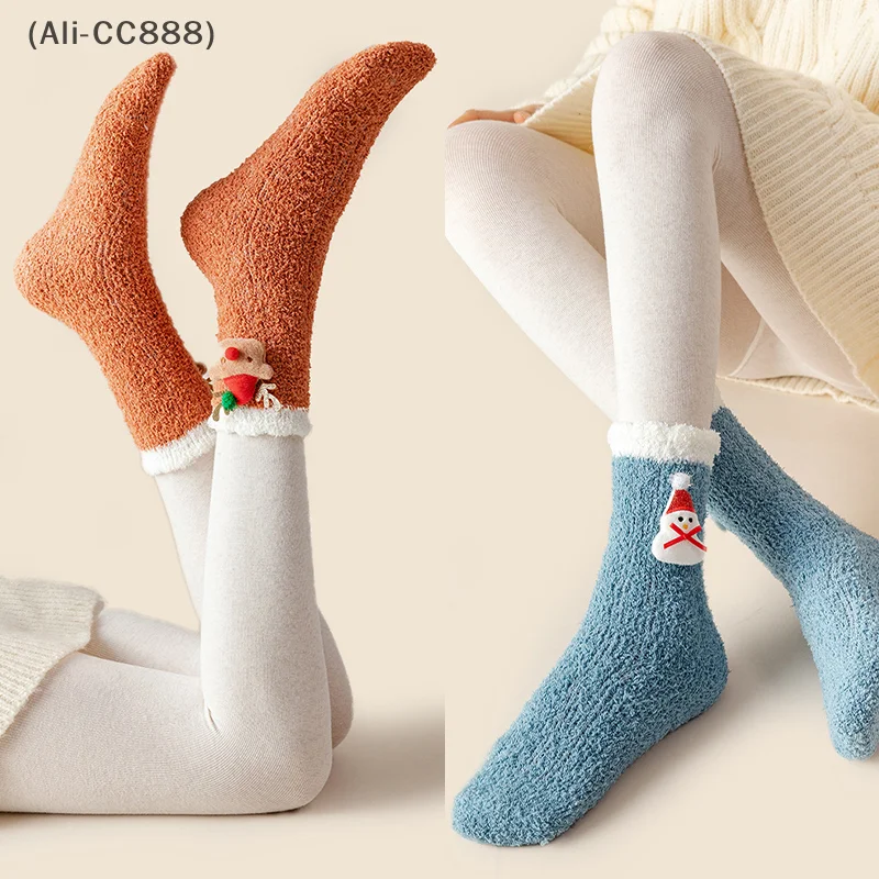 

〔CC88〕Autumn and Winter Cartoon Coral Velvet Socks for Girls Christmas Elements Cute Thickened Velvet Floor Socks