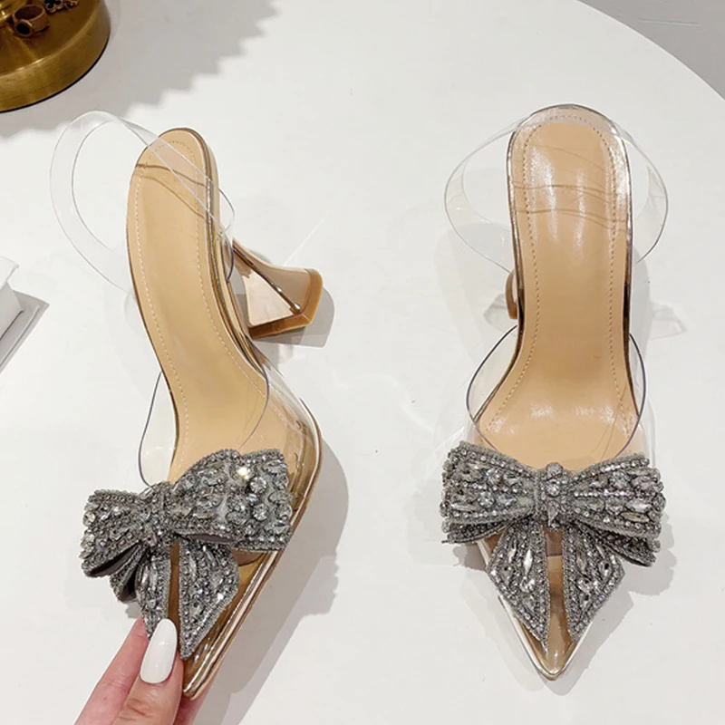 Transparent Women Pumps Luxury Rhinestone Bowknot Pointed Toe High Heels Sandals Ladies Wedding Prom Shoes Sandalias De Mujer