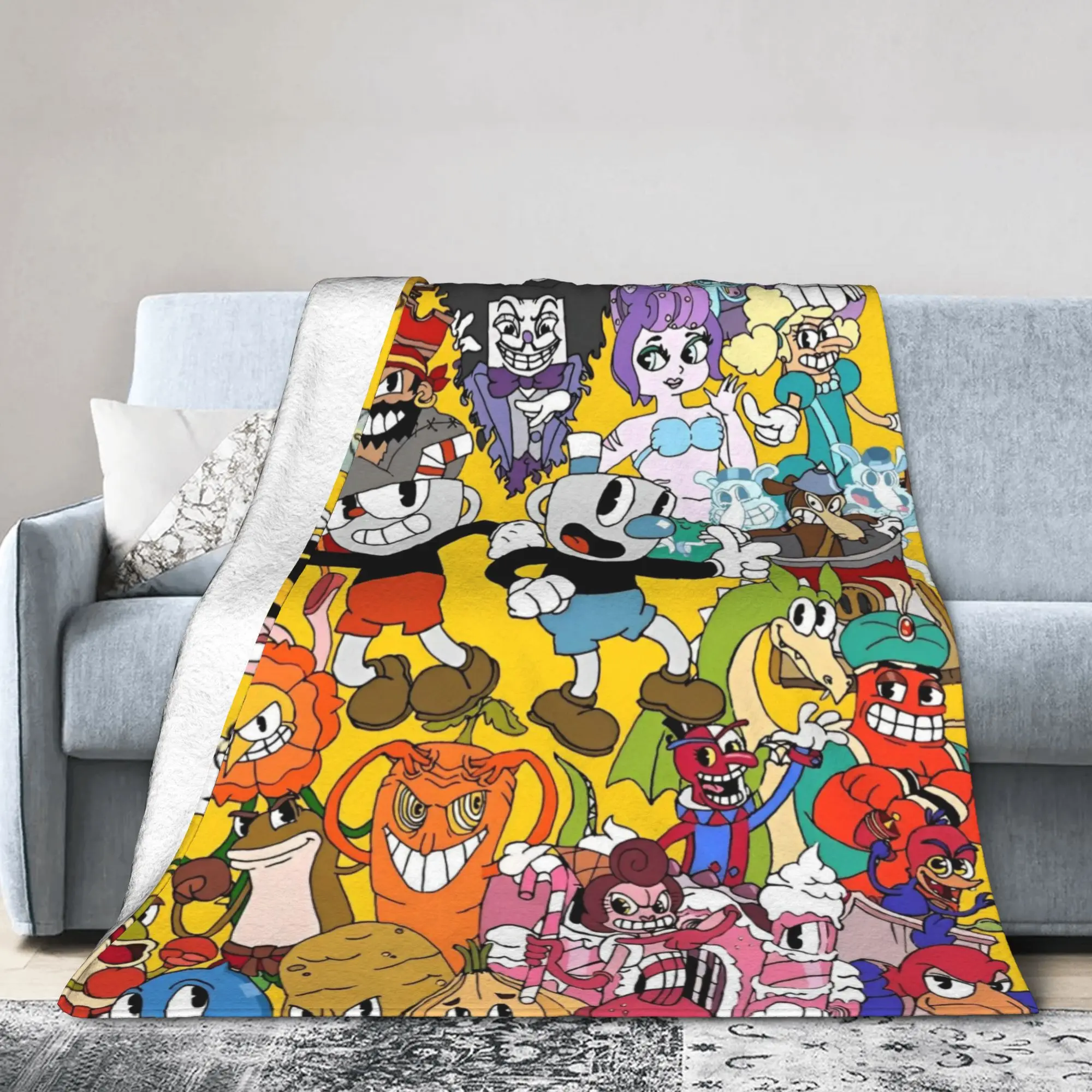 Cuphead and Mugman Blanket Fleece Textile Decor Video Game Breathable Warm Throw Blanket for Sofa Couch Rug Piece