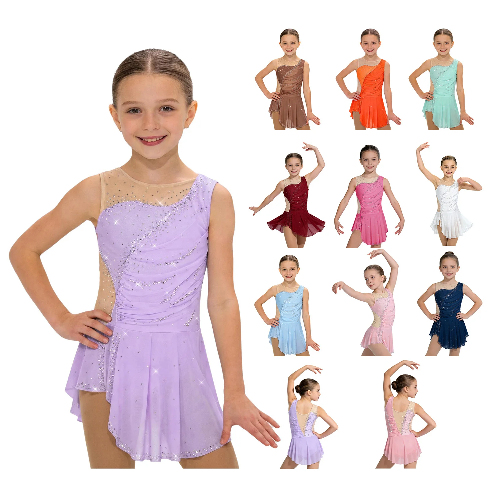 Kinder Mädchen Gymnastik Eiskunstlauf Ballett Tanzkostüm Funkelnde Strasssteine Gerafftes Netzkleid mit Seitenschlitz und Eingebautem Slip – Detail 2