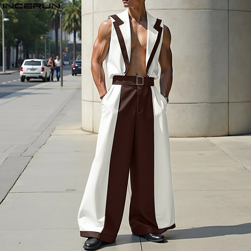 INCERUN Set Pria Rompi Tanpa Lengan Kerah Warna-warni Tambal Sulam & Celana Kaki Lebar 2 Potong Setelan Kasual Pria Fashion Longgar Pakaian Jalanan